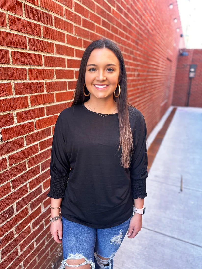 Black Smocked Sleeve Top